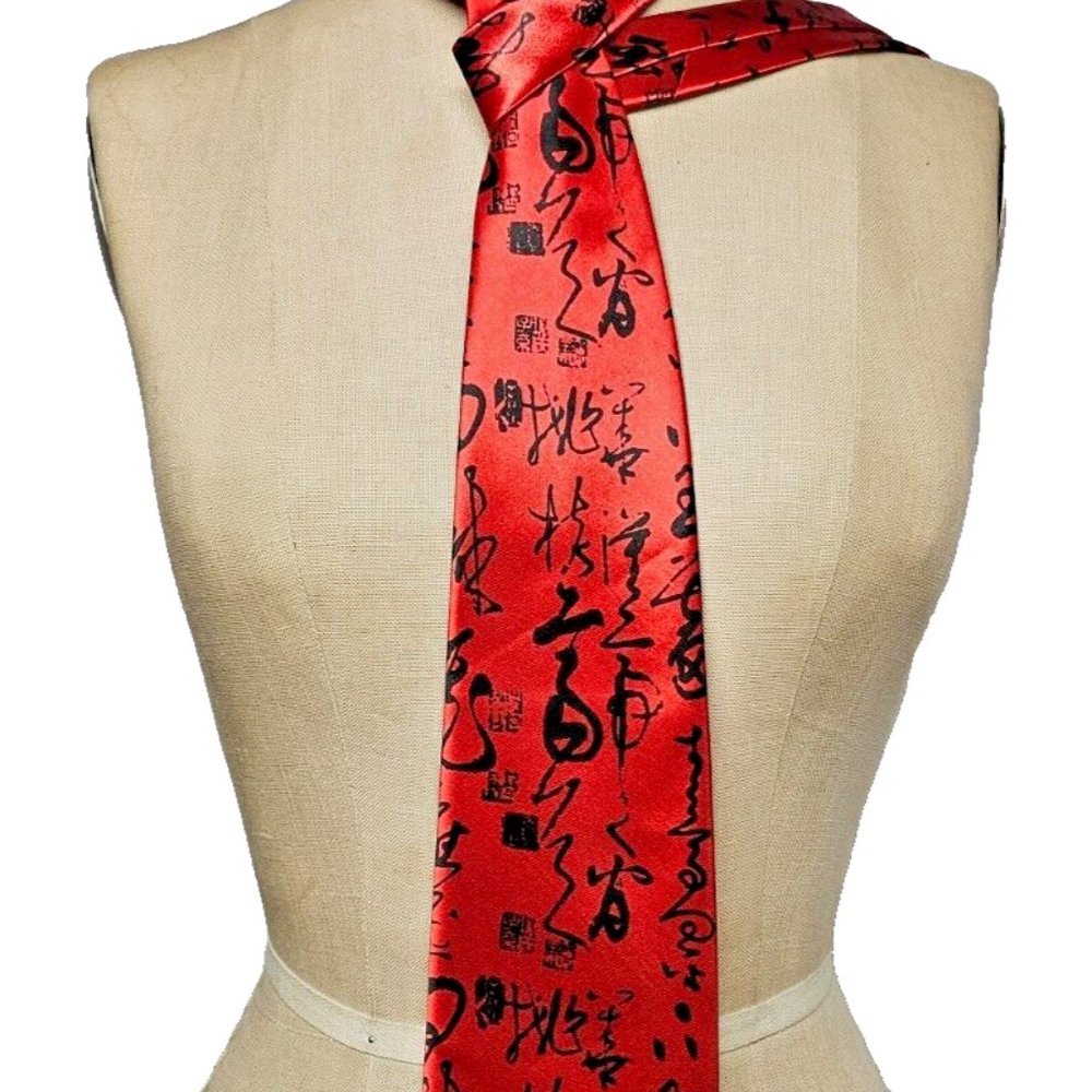 Red Silk Men's Tie w/ Chinese Print Perfect for Chinese New Year Auspicious
